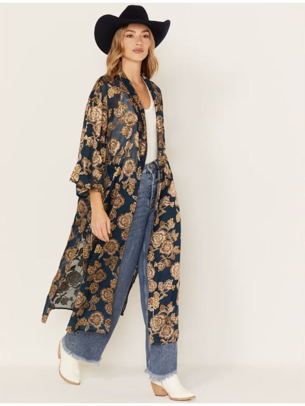 Shyanne New Women's Burnout Floral Chiffon Long Kimono Duster Western Concert